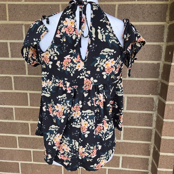 Mi Ami Floral Print Cold Shoulder Top Blouse Halter Neck Size M Feminine - Picture 4 of 7